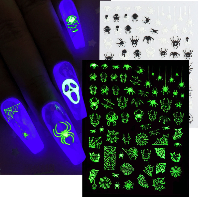 6Pc Adhesive Luminous Nail Art Halloween Skull Ghost Pumpkin Spider Web Bat NS43