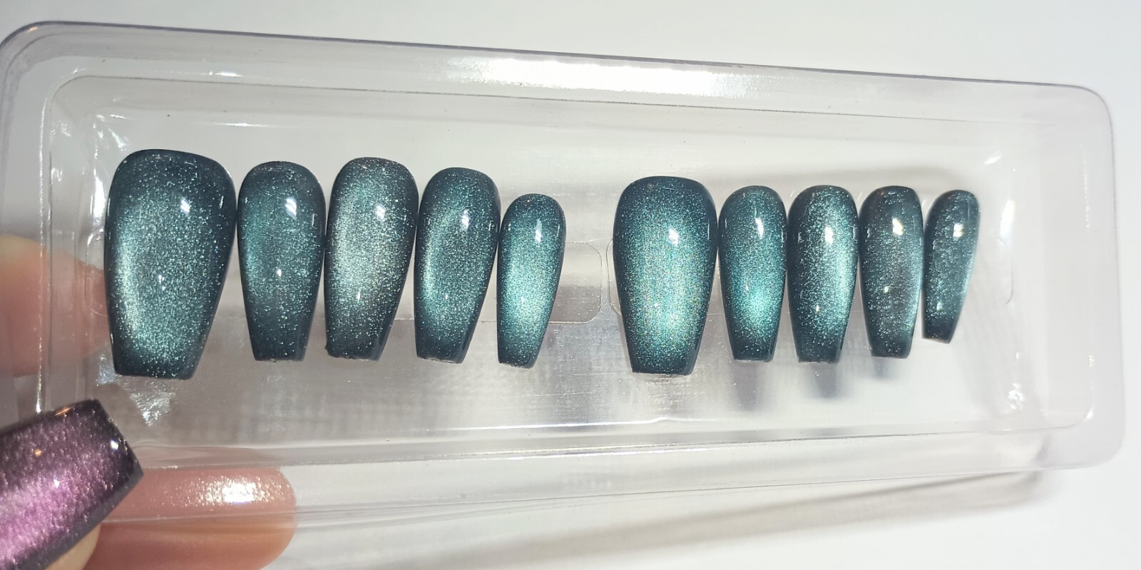 Green Gold Galaxy Cat Eye Press on Nails Handmade Fake Fingernails Gel Polish