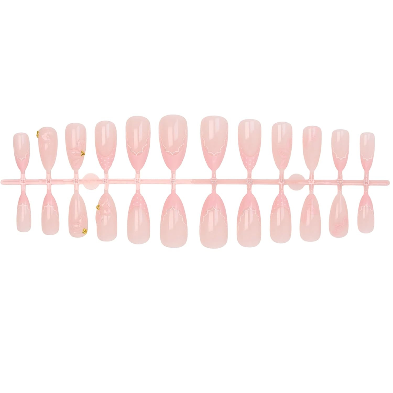 24Pcs Light Pink Press on Nails Medium Almond Fake Nails with 3D Floral & Gold R
