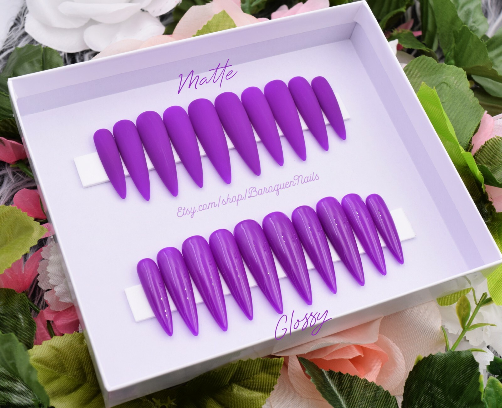 Neon Purple Press On Nails | Coffin Stiletto Nails Hand Painted Fake False Nails