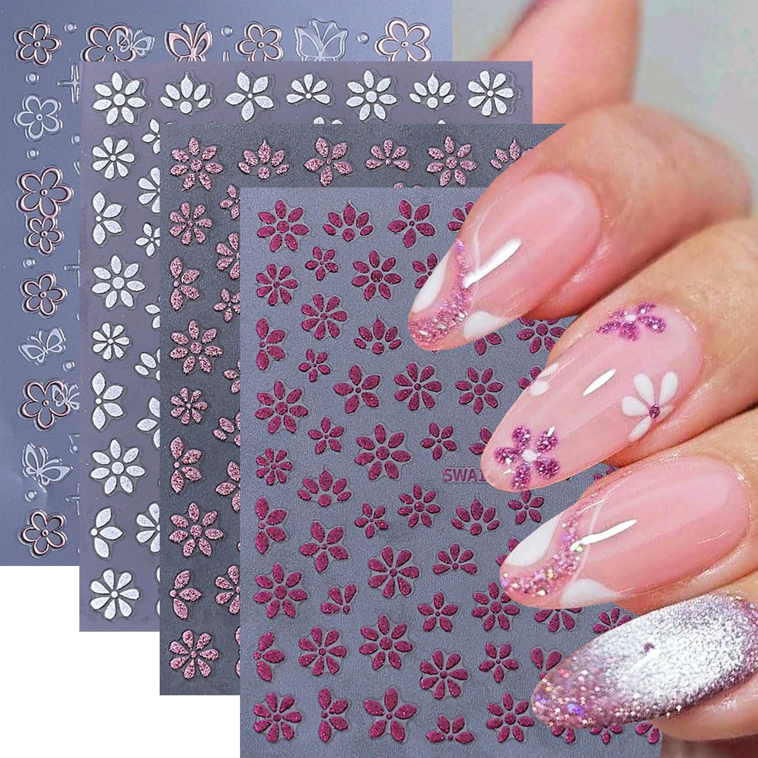 4 Sheets Flower Nail Stickers Spring Summer Floral Nail Decals 3D -Adhesive B…