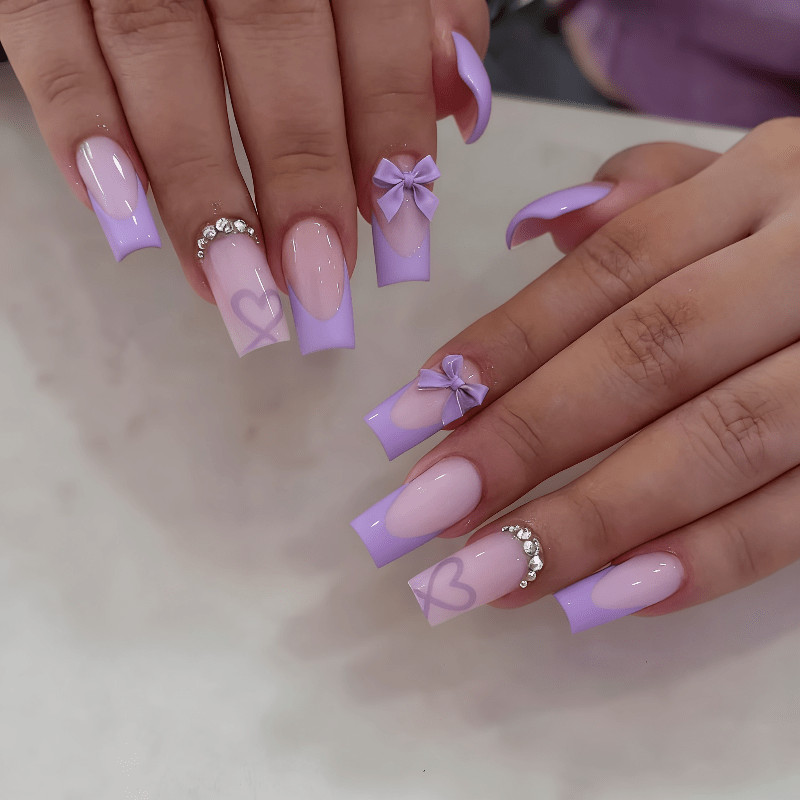 48Pcs-Long Square Lavender Purple French 3D Bow Heart Sweet Girl Press on Nails