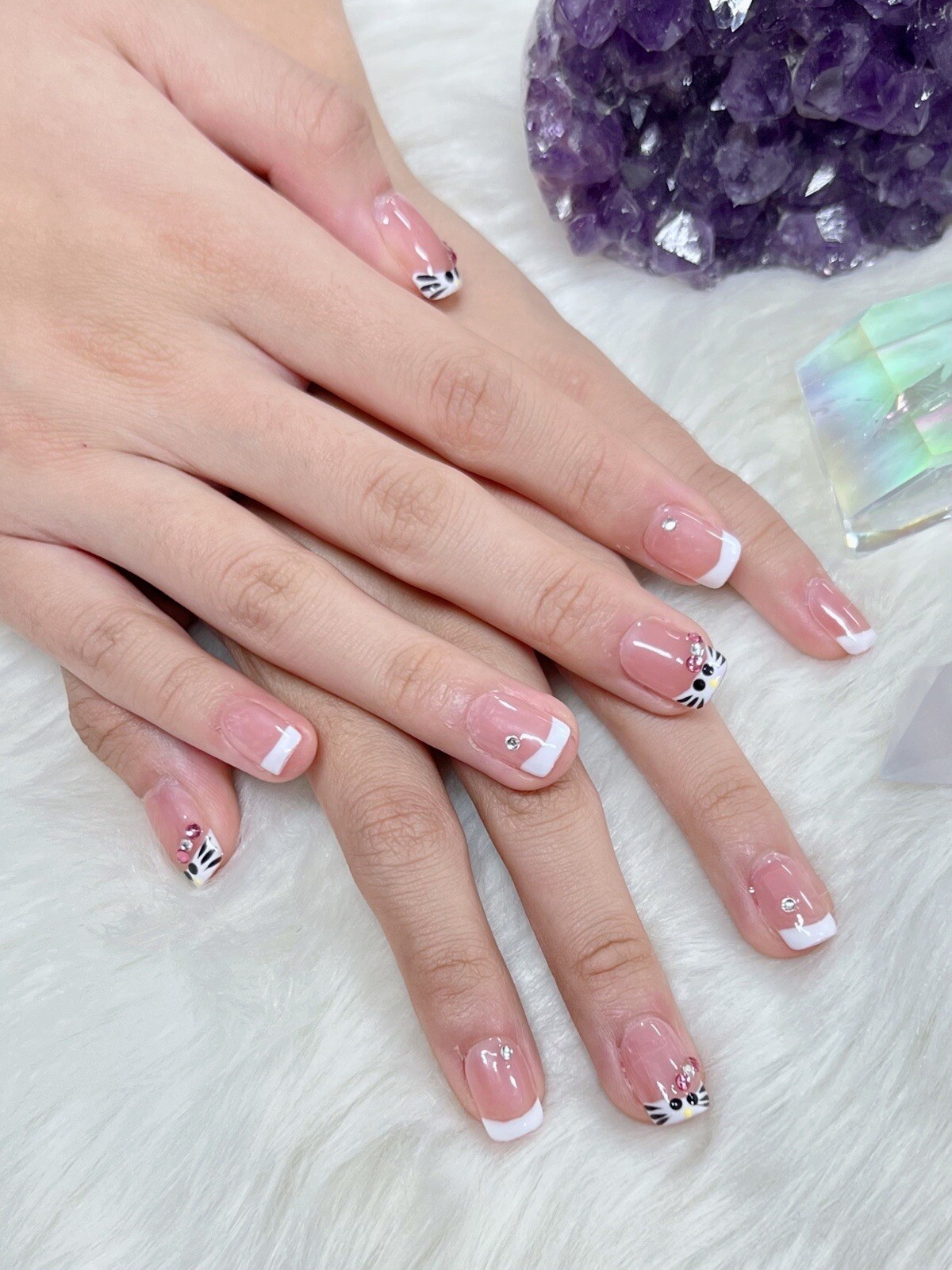 Handmade Gel Press On Nails | Short Square French Hello Kitty Simple Reusable