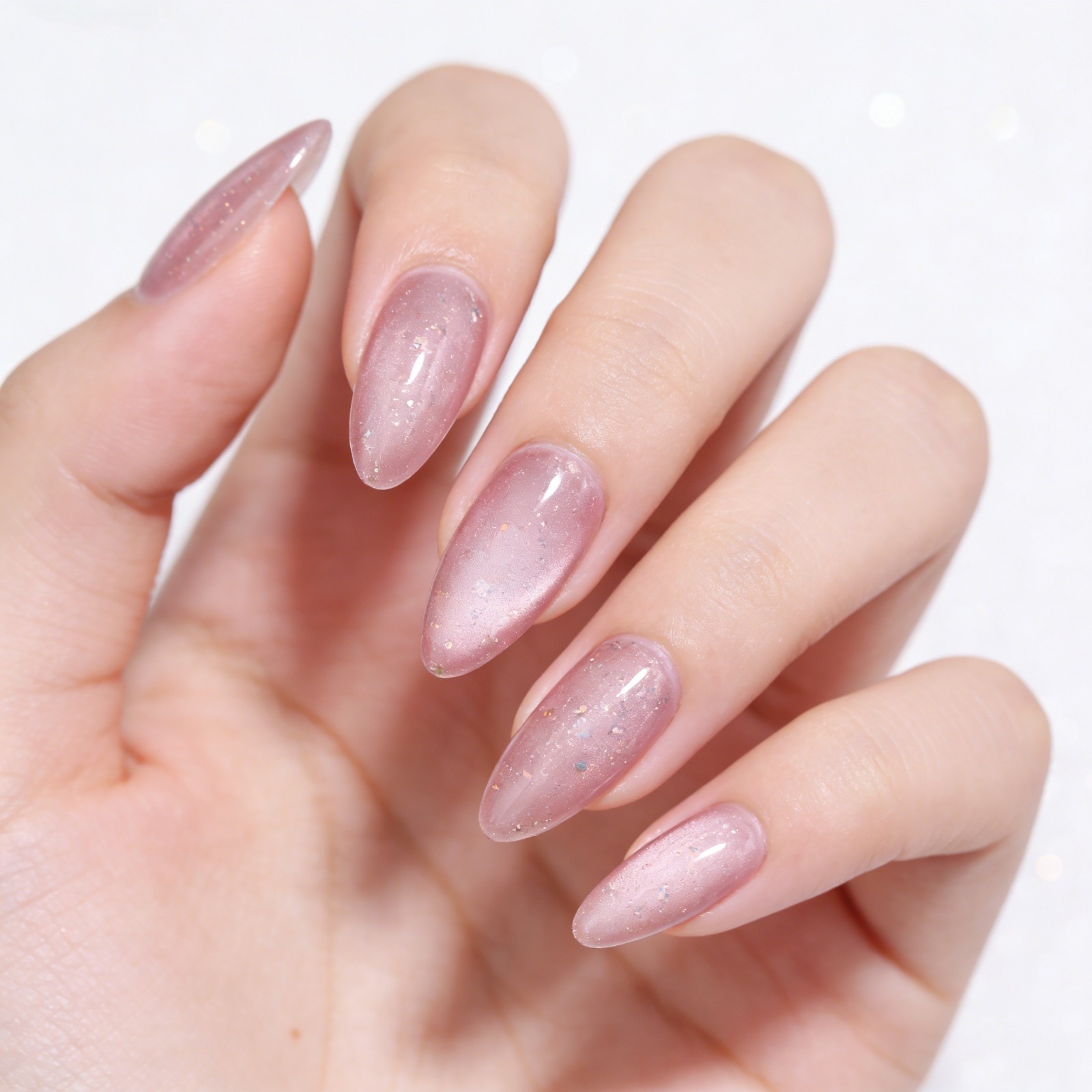 Sakura Pink Cat Eye Almond Press On Nails – Gold Foil Glitter Bridal False Nails