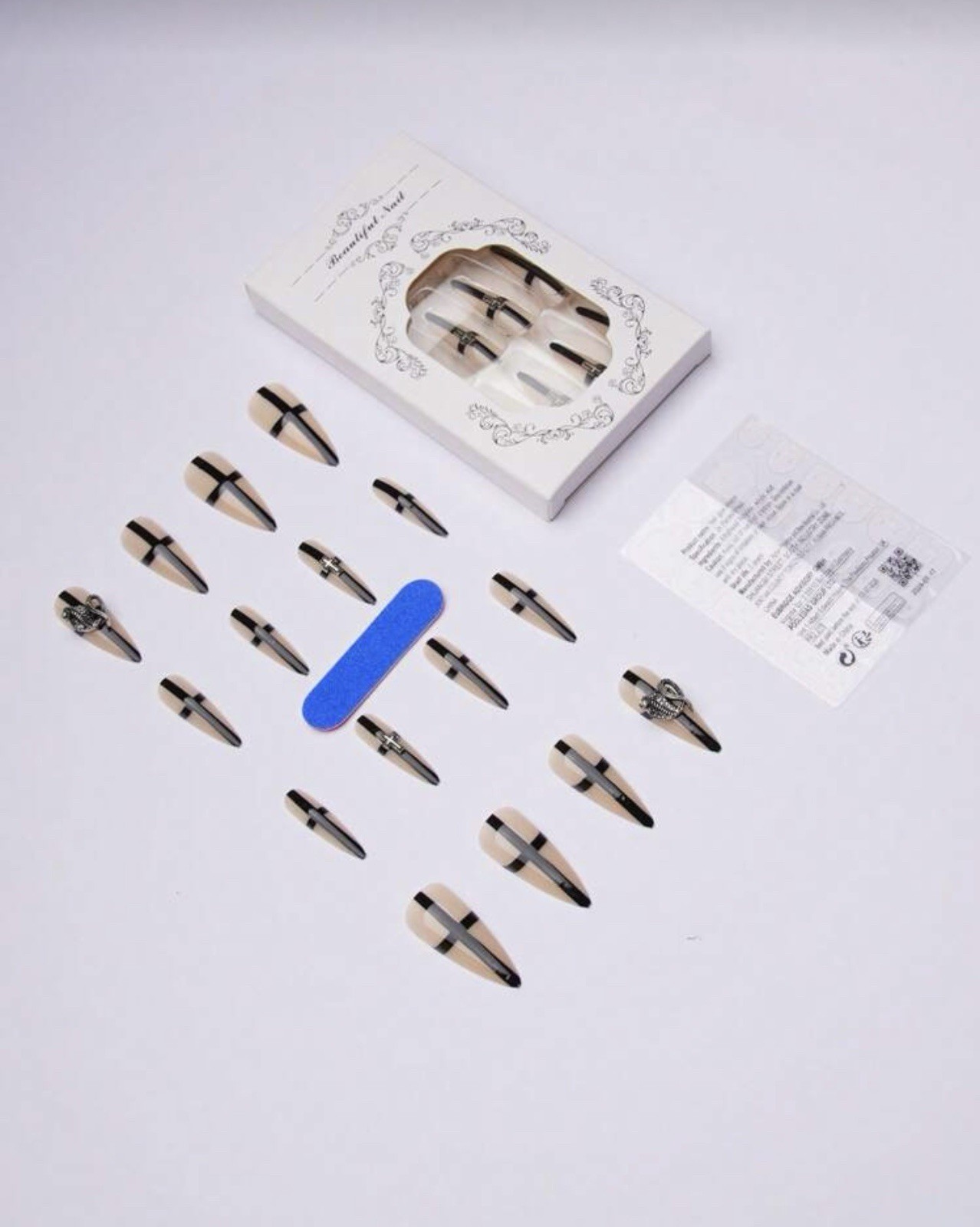 24Pcs Gothic Style Black Fake Nails, Press On Nails With Metal Wind Cross !