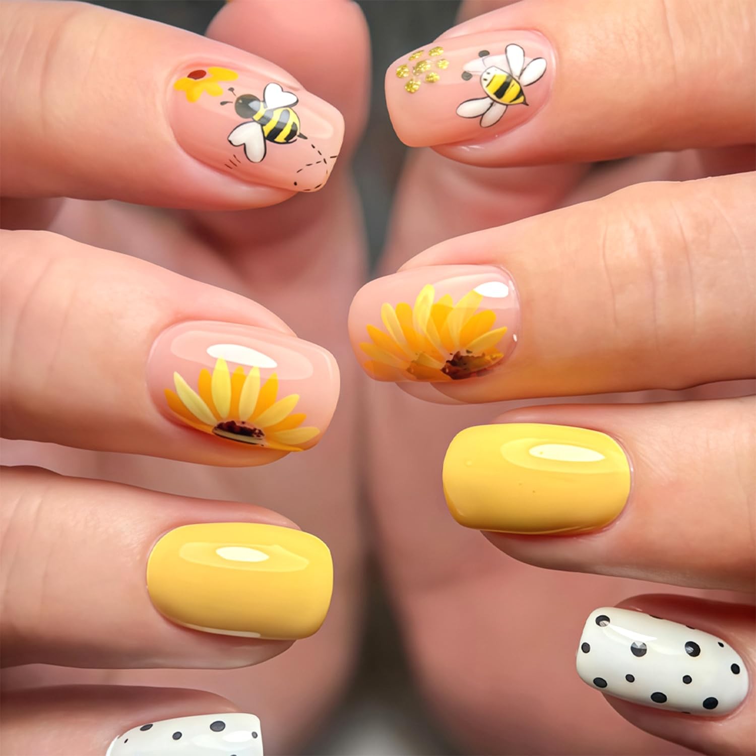 LWTZLW Summer Sunflower Press on Nails Medium Square False Nails Cute Bee Pol…