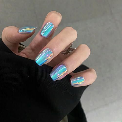 Blue Chrome Press on Nails Short Square Fake Nails 1 Fl Oz (Pack of 24) Style1