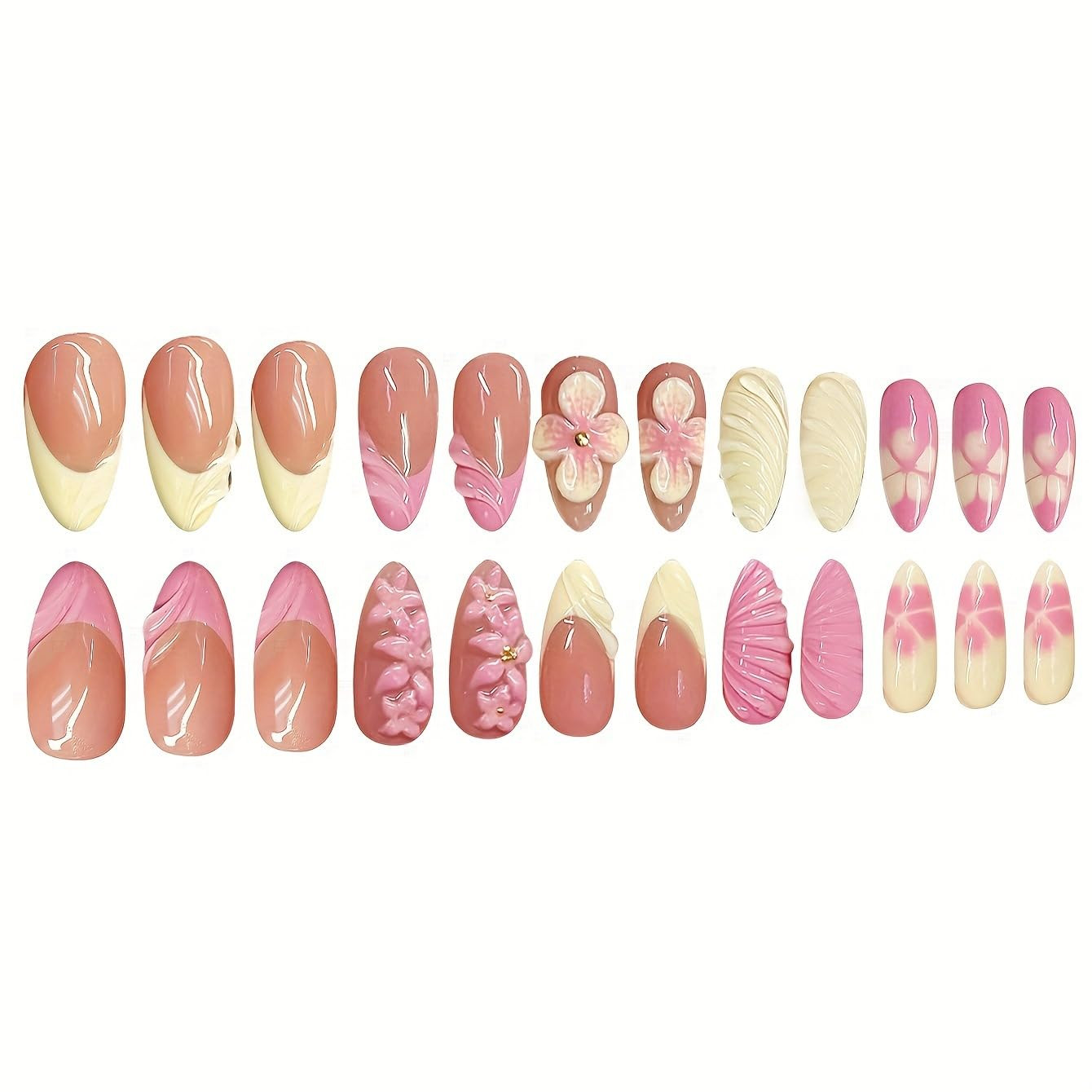 24Pcs Yellow French Tip Press on Nails Medium Almond Fake Nails with 3D Flower G