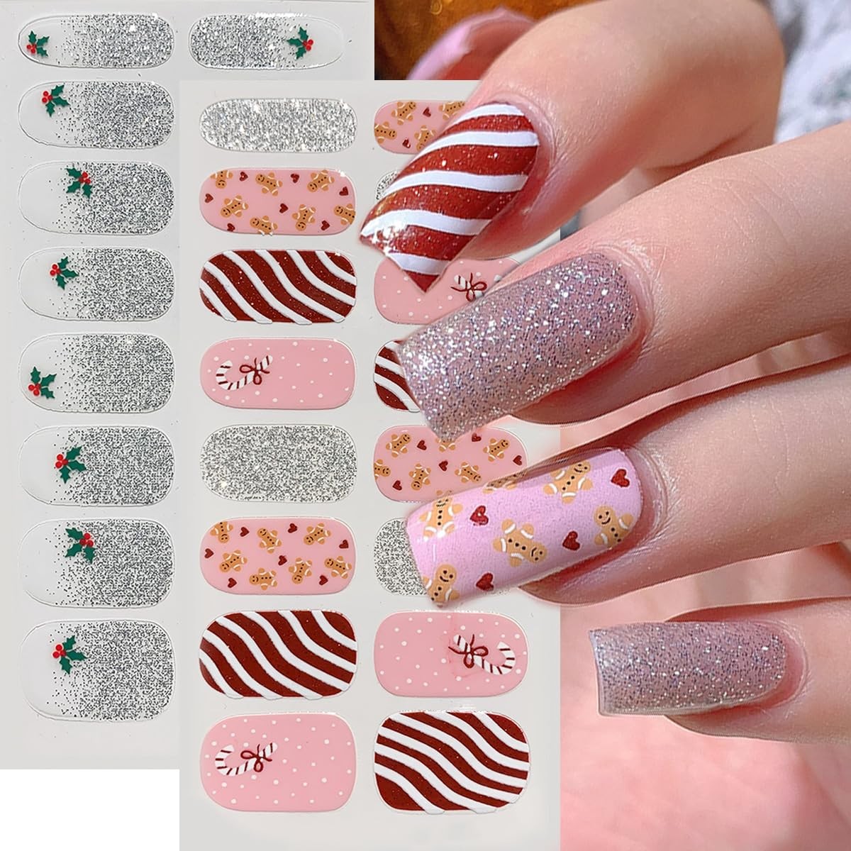 6Pcs Christmas Gel Nail Stickers Glitter Snowflake Nail Polish Strips Self Ad…