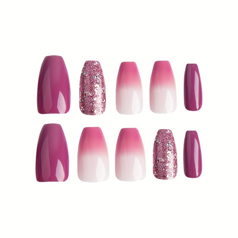 48pcs Pink Ombre Press on Nails Short Square with Holographic Glitter Accents