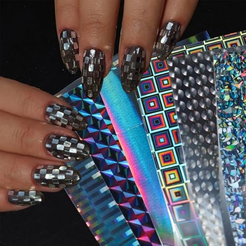 10 Sheets Holographic Nail Art Foil Transfer Stickers, Iridescent Laser Style-1