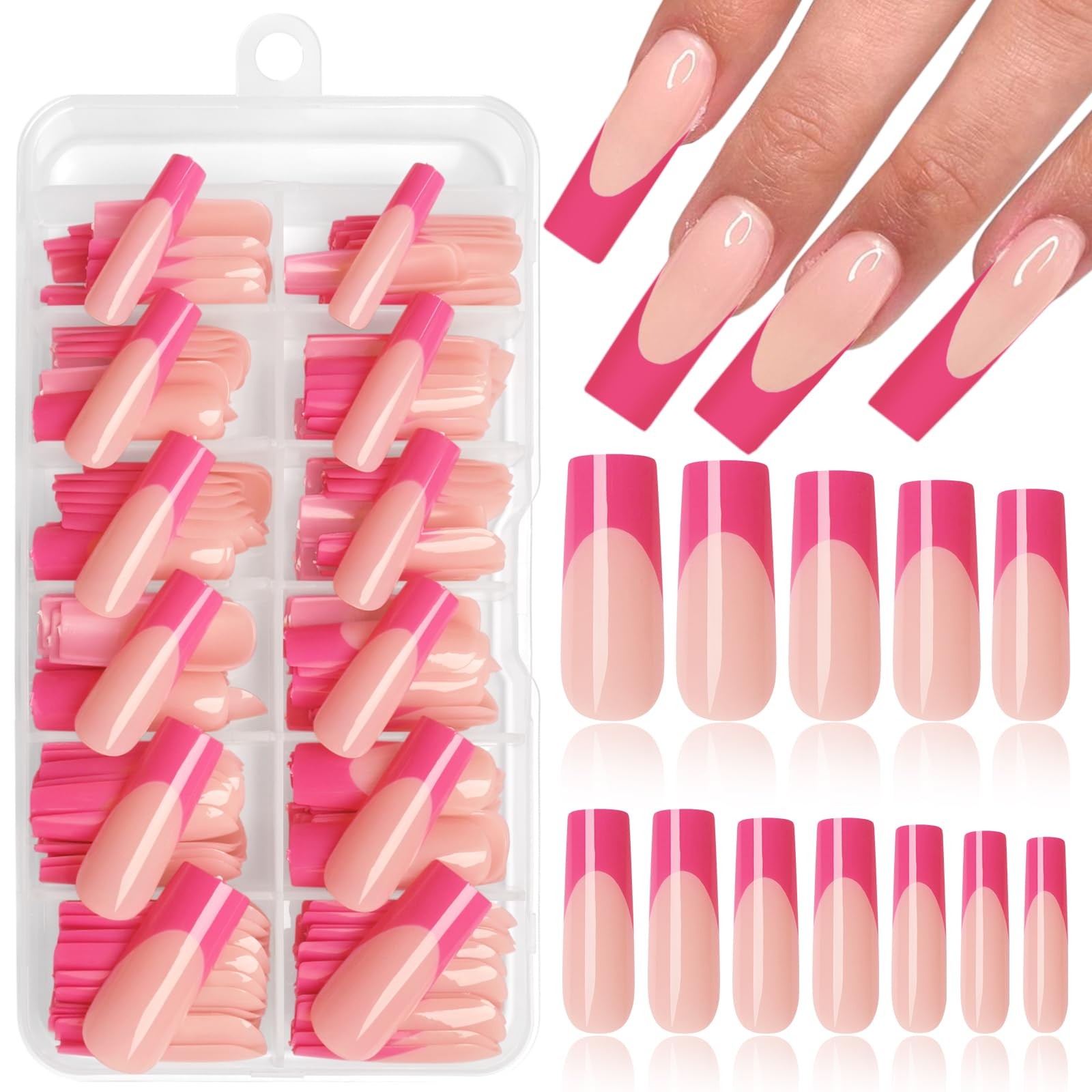 216PC Hot Pink French Tip Press on Nails Long Fake Nails Press ons with 10*Ad…