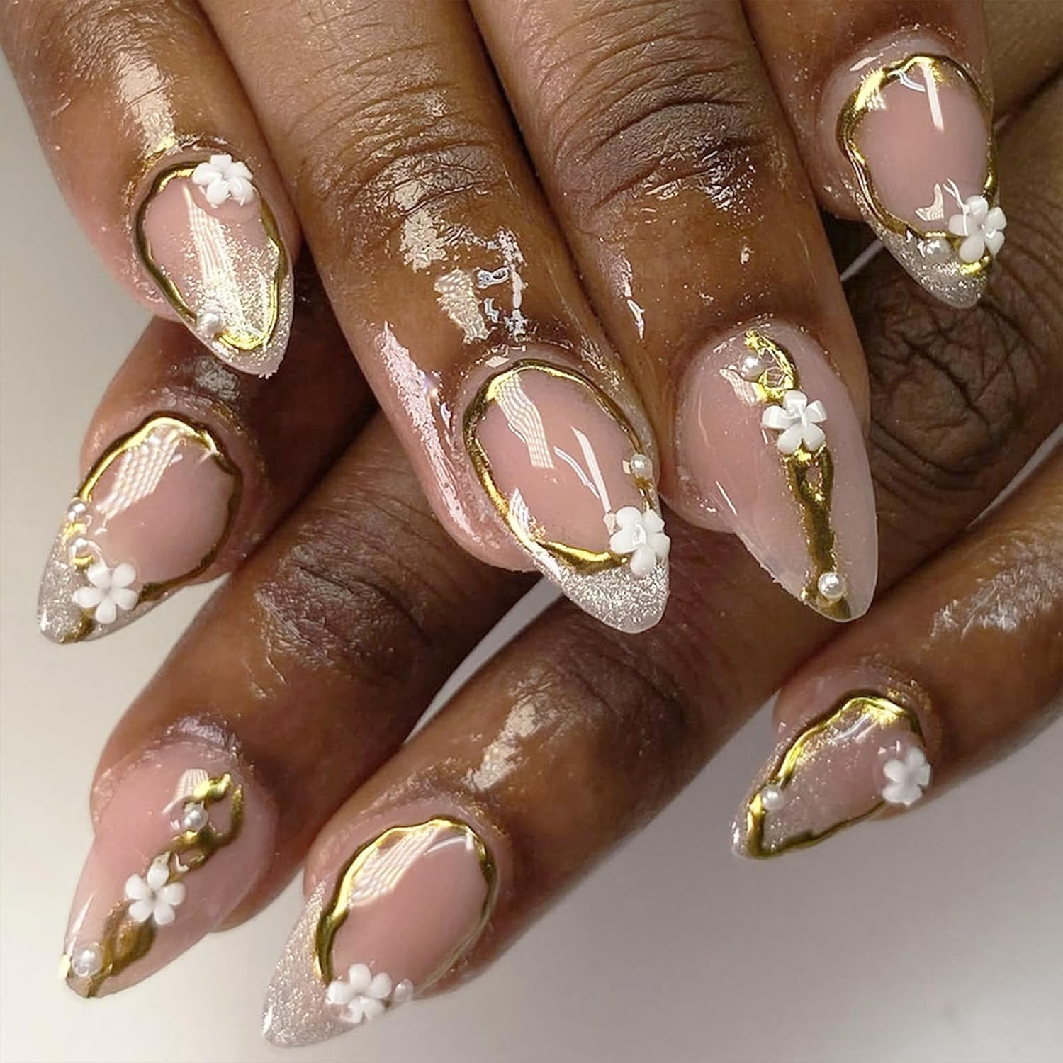 Almond Press on Nails 3D Floral Fake Dark Brown False Artificial Stick on Nails