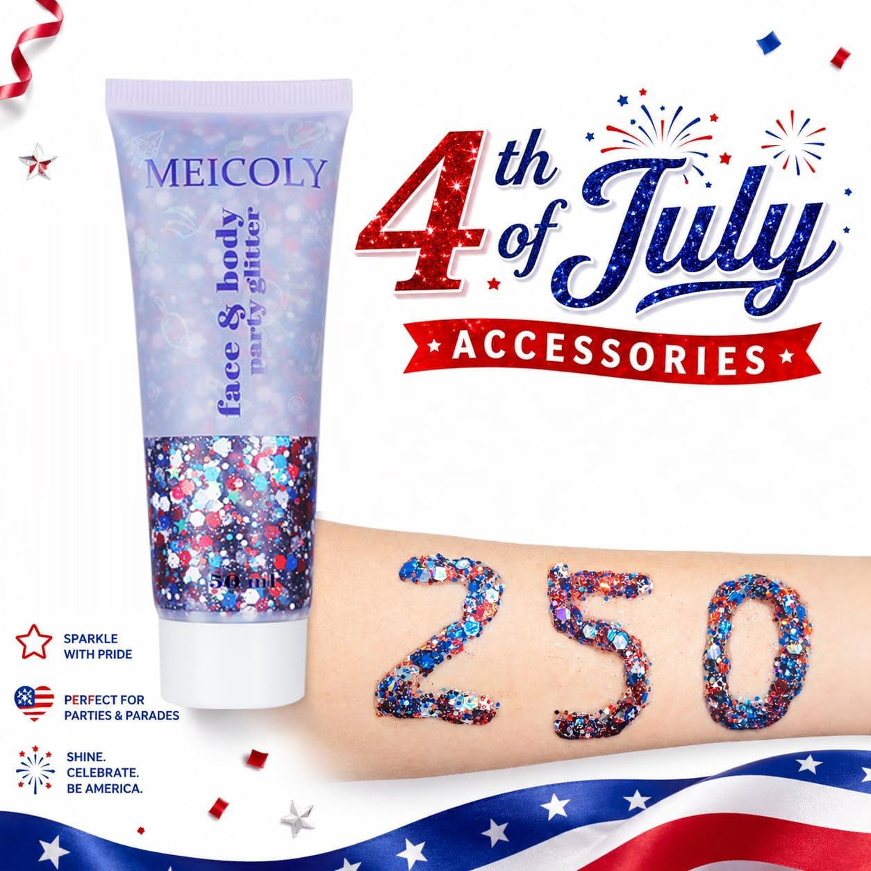 Red White and Blue Face Glitter,4Th of July Patriotic Accessories,Star Hair Glit