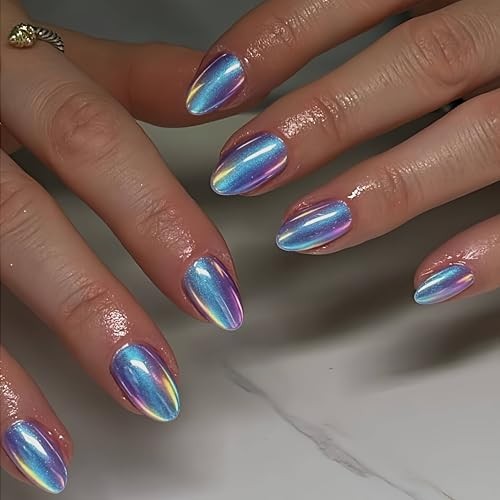 Almond Soft Gel Press on Nails – 32 Pcs – 16 Sizes – Chrome Cat Eye – Royal Blue