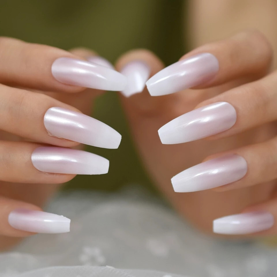 24 Pearl Ombre French New Press on Nails Kit w glue satin pink white