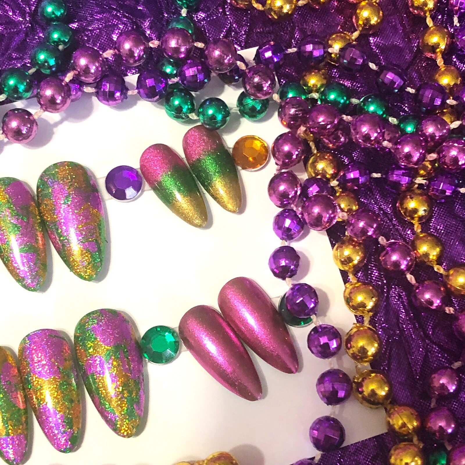 Handmade Custom Press On Nails Almond Shape Medium Length Mardi Gras Nails