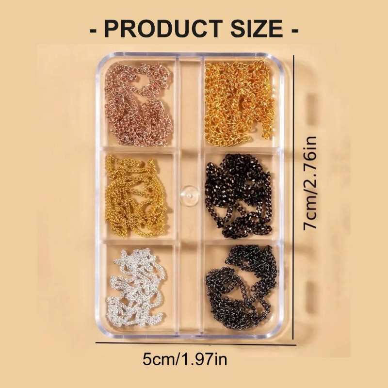 Bold Timeless Nail Design Metal Chains Mixed Charms 6 Grids Embellishment Kit