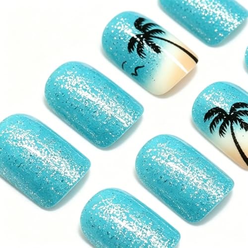 Summer Press on Nails Short Square Fake Nails Beach Coconut Tree False Style 26