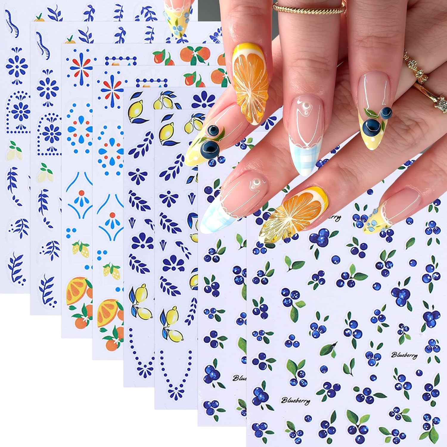 8Sheets Fruit Nail Art Stickers Decals 3D Summer Fruit Nail Decals Blueberry Lem