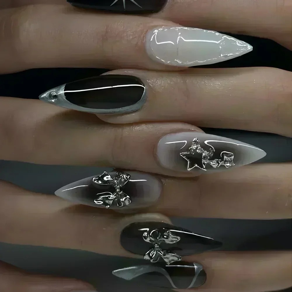 5PCS Almond Press On Nails Black Silver Bow Diamond Y2K False Nails with Glue