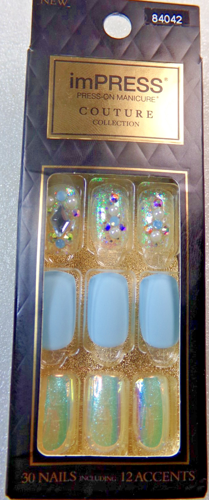IMPRESS Couture NAILS PRESS ON Medium Matte Light Blue, Iridescent, Gems