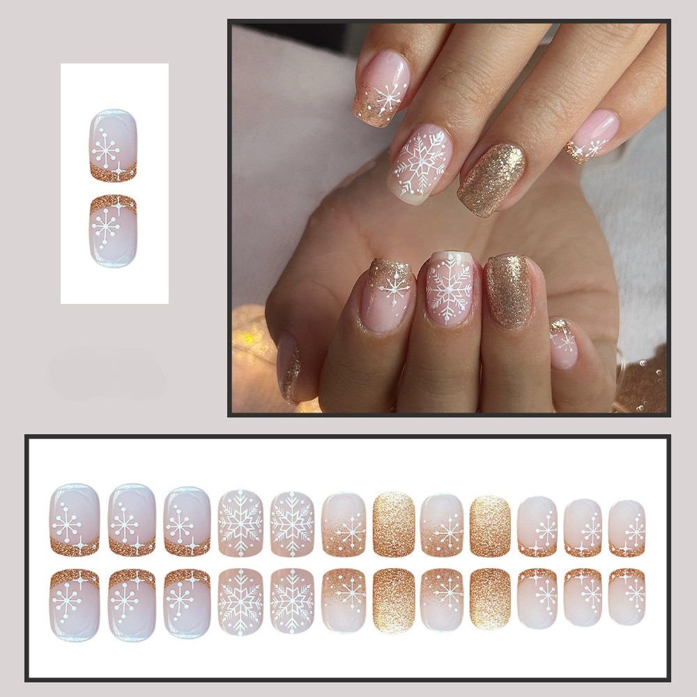 48pcs Festive Christmas Pink Snowflake Press On Nails Glitter Wearable Nail Art