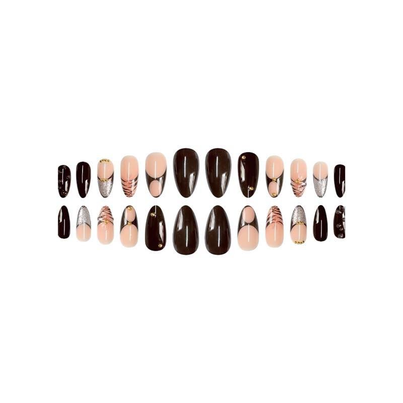 Long Almond Press on Nails Nude Black Gold False Nails French Tip Luxury Stic…