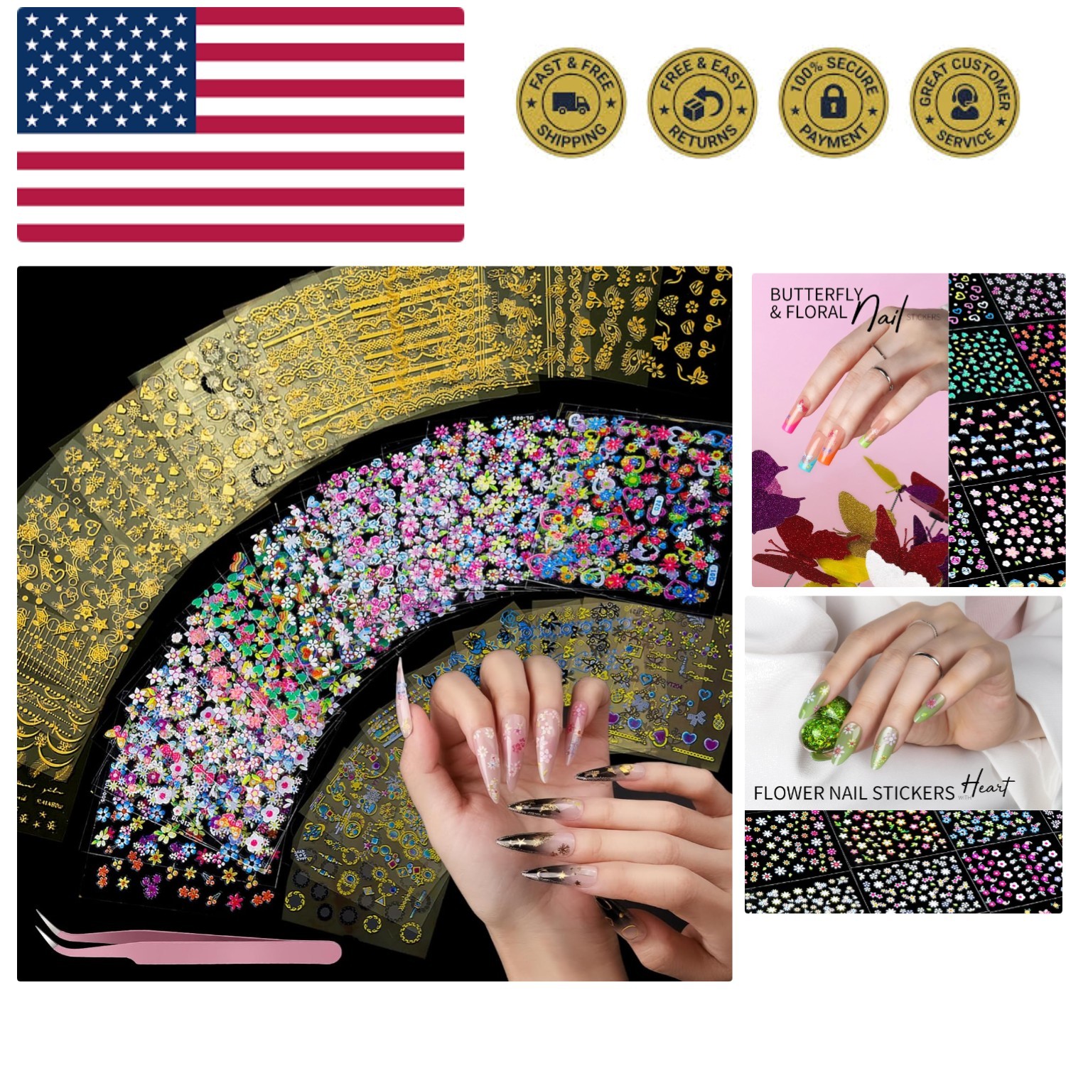 50 Sheets Nail Stickers for Nail Art, Flower Nail Art Stickers Gold Floral Na…