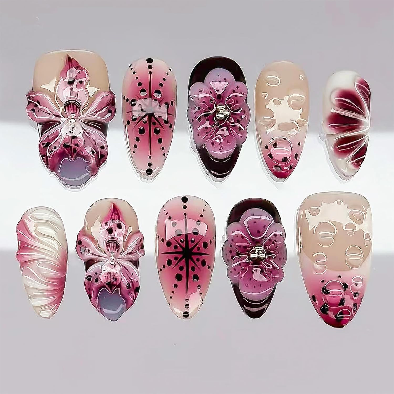 30Pcs 3D Flower Press on Nails Medium Almond Fake Nails Purple Pink Nude Gradien
