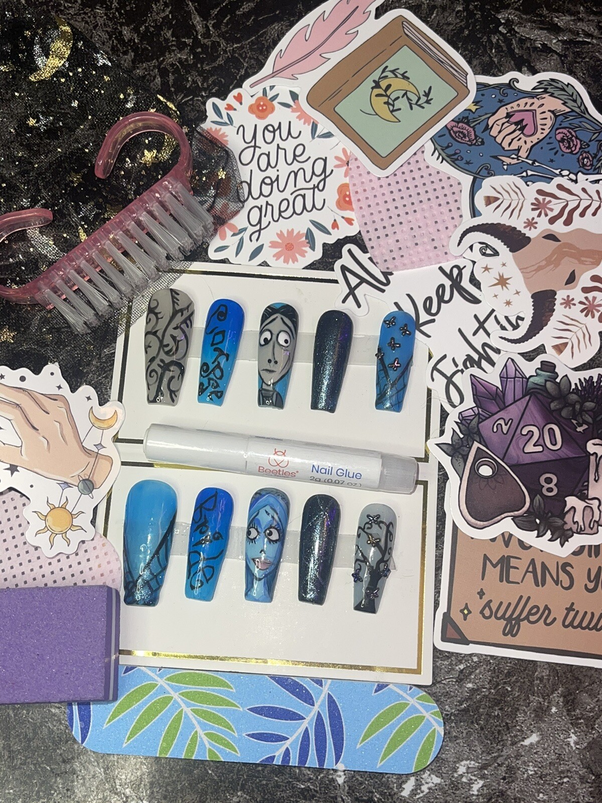 Corpse Bride Handpainted Press on Nails. includes Prep Kit