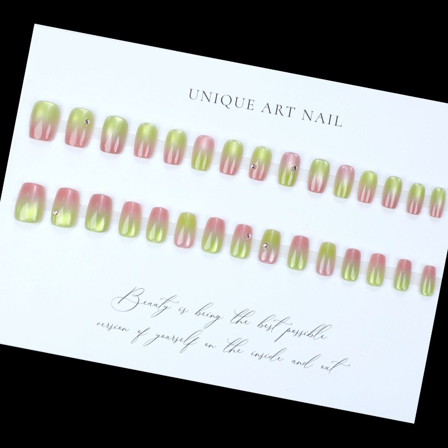 60Pcs Green Pink Rhinestone Gradient Press on Nails, Short Square Fake Nails