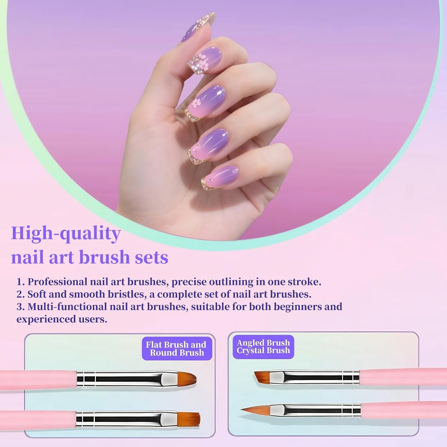 9Pcs Nail Art Brushes Set, 5 Pink Art Liners & 4 Multi-Shape Gel Brushes | Sizes