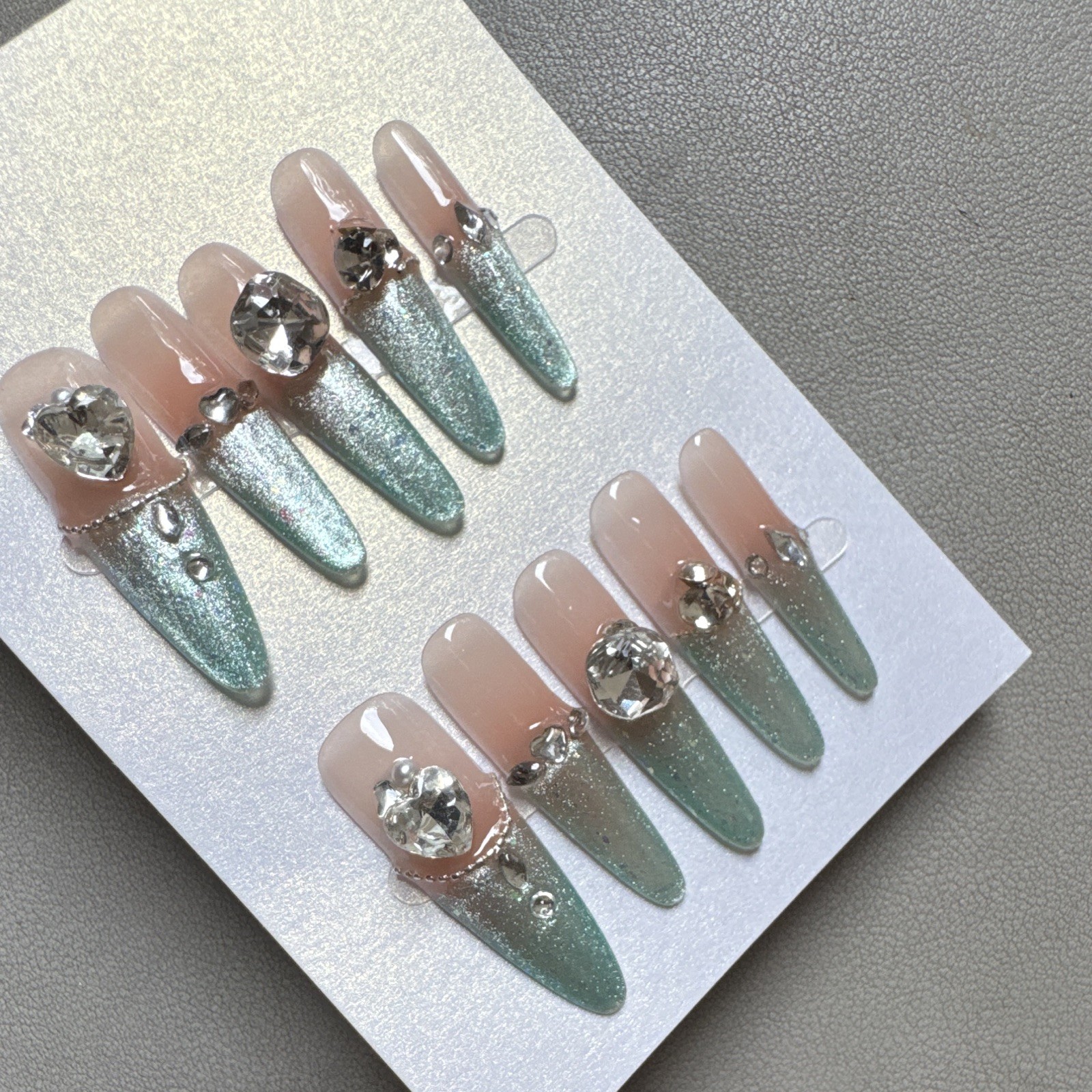 Press-On Nails Long Stiletto Nude/Green Rhinestone Theme Shiny Full Cover