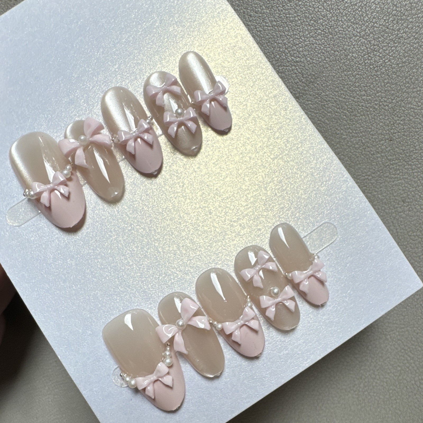 Press-On Nails Long Almond Pink/Beige 3D Bow Theme Full Cover Pre-Designed