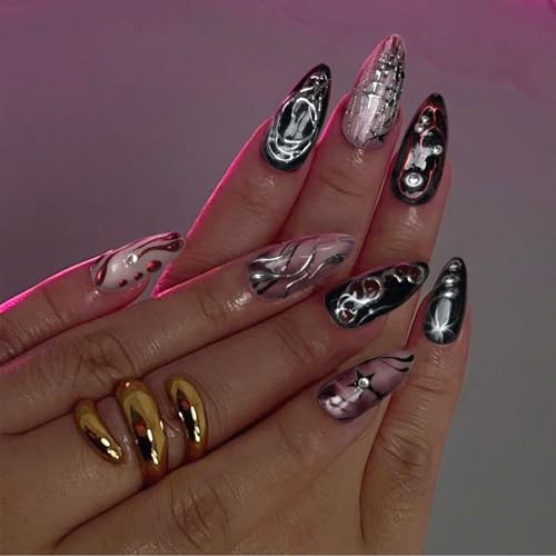 Goth Red Black Press on Nails Almond Medium Acrylic Fake Nails 04-Black Red