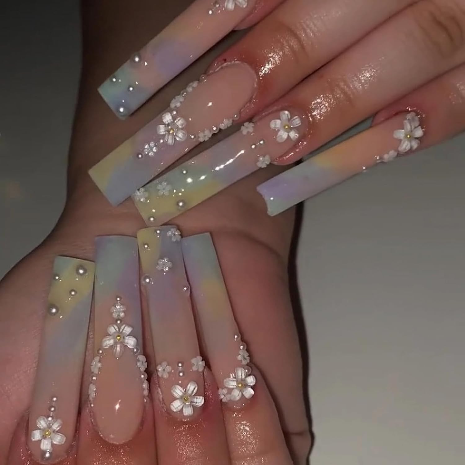 Press on Nails – Long Square Glue on Nails with Summer Colorful Ombre, Acryli…