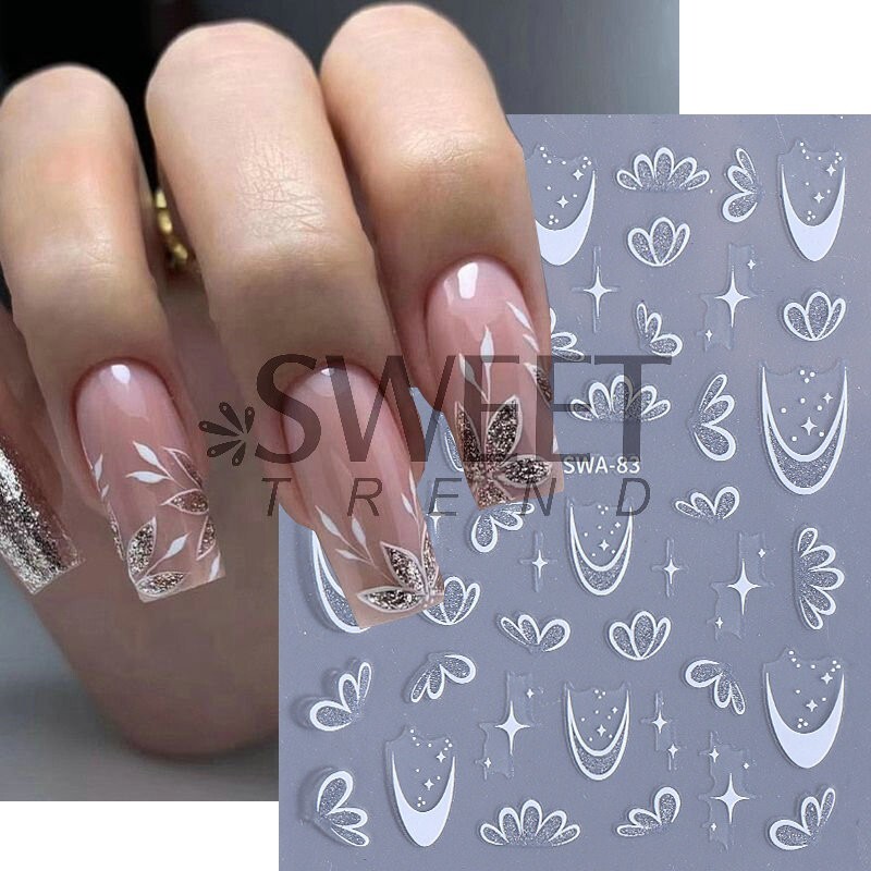 2Pcs White Pink Glitter Flower Floral Star French Nail Art Stickers Decals NH28