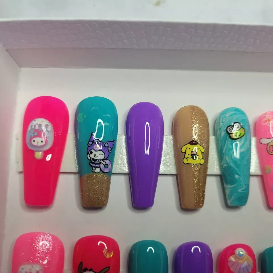 Hello Kitty, Kuromi, My Melody Press-on Nails, Gel, 20 Nail Set, Rhinestones USA