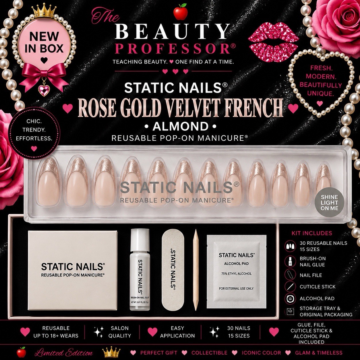 💖 Static Nails Rose Gold Velvet French Almond Reusable Pop-On Manicure New In