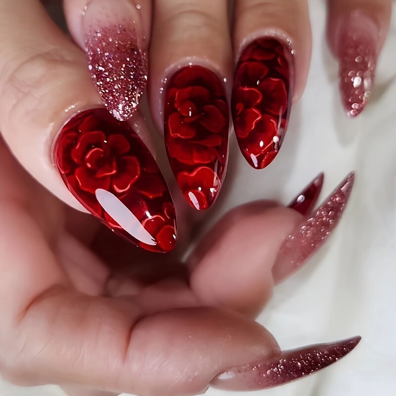 24pcs Vibrant Red Flower Almond False Nails – Glossy Medium-Length Press-Ons
