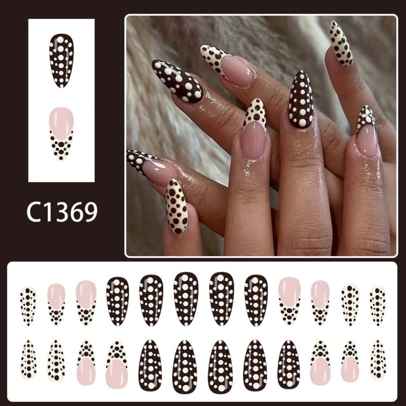 24Pcs Nudes Colored French Tip Press On Nail Dot Design ABS Multiple Sizes