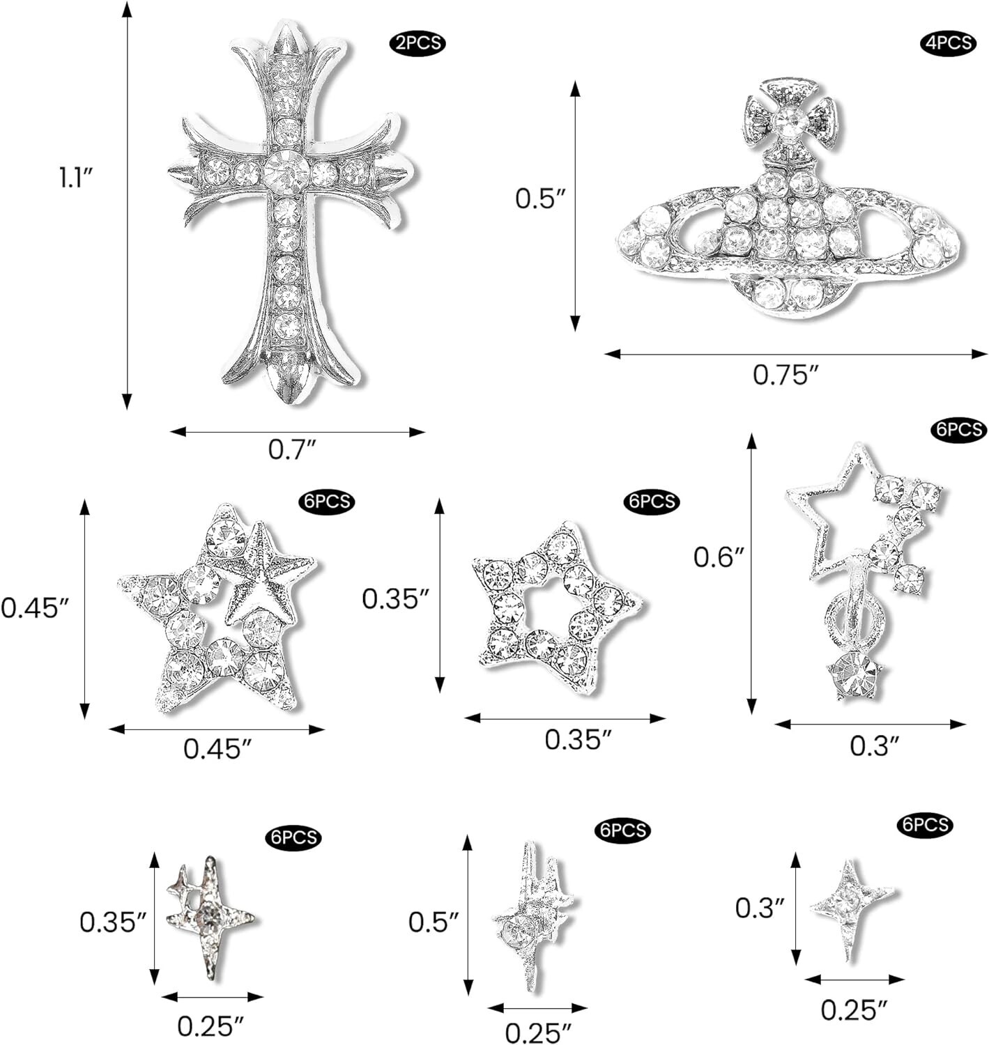 42PCS 3D Star Nail Charms and Gems Silver Tone, Rhinestones for Nails NEW