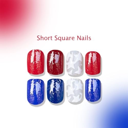 Red 4th of July Press on Nails – Short Square Fake Nails – Red – Blue