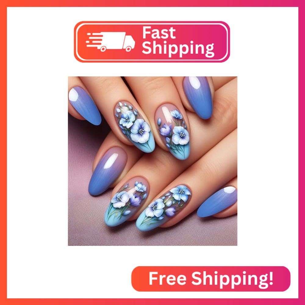 KTAABTR 24Pcs Flowers Press on Nails Medium Almond Nails Blue Fake Nails with Gl