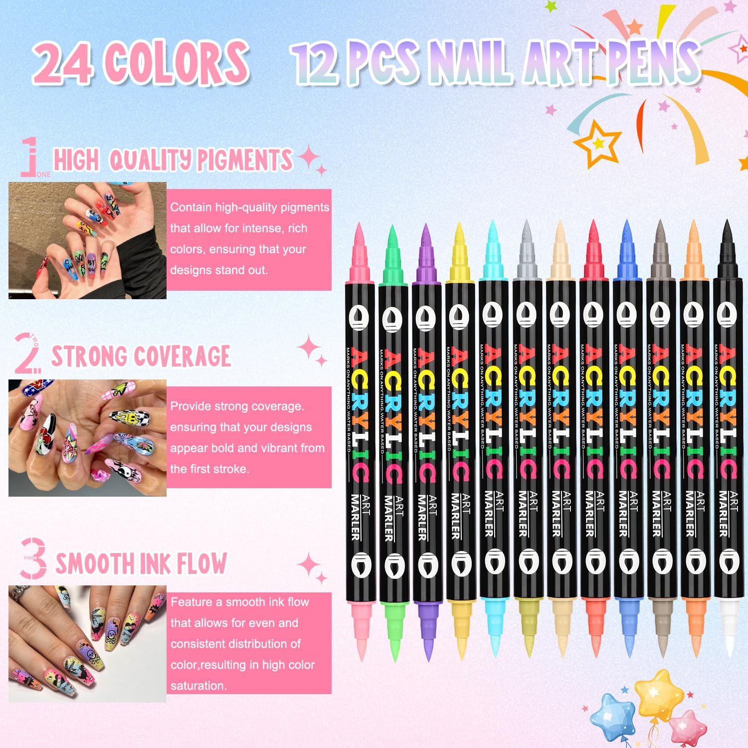 24 Colors Nail Art Pens Set, 3D Nail Polish Markers with Dotting Liner Brush for