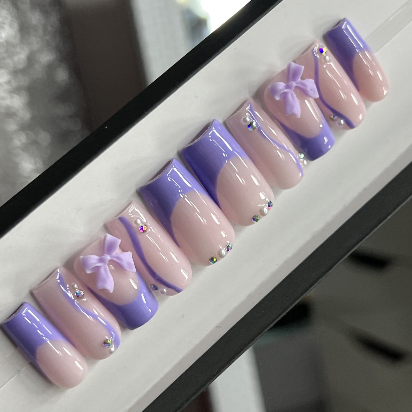 💜 CUSTOM Press On Nails FRENCH PURPLE W BOW PEARLS BLING 10p SET W Kit