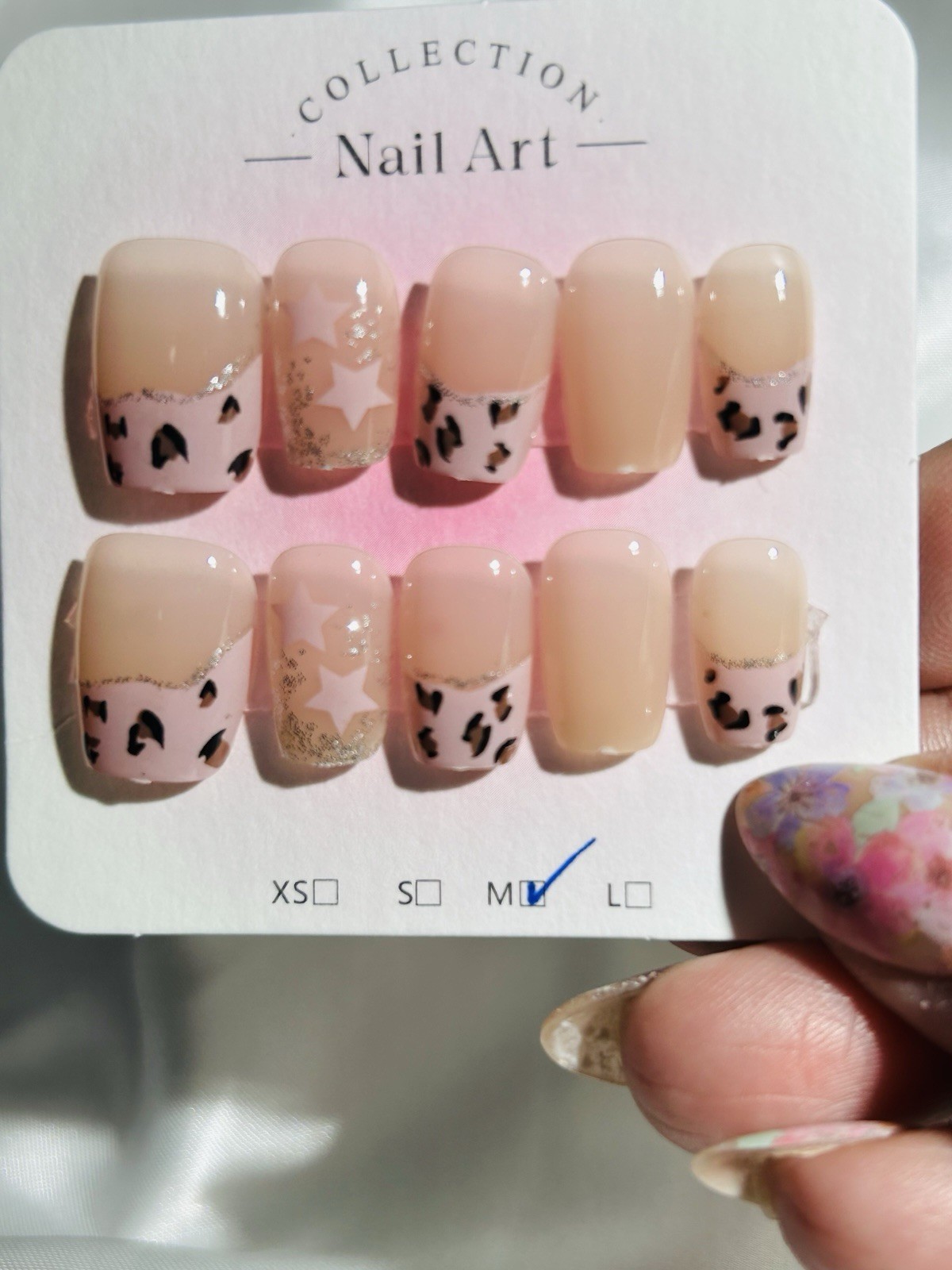 Shiny Pink Nude Black Leopard Star Press-On Nails Square Medium Pre-Designed