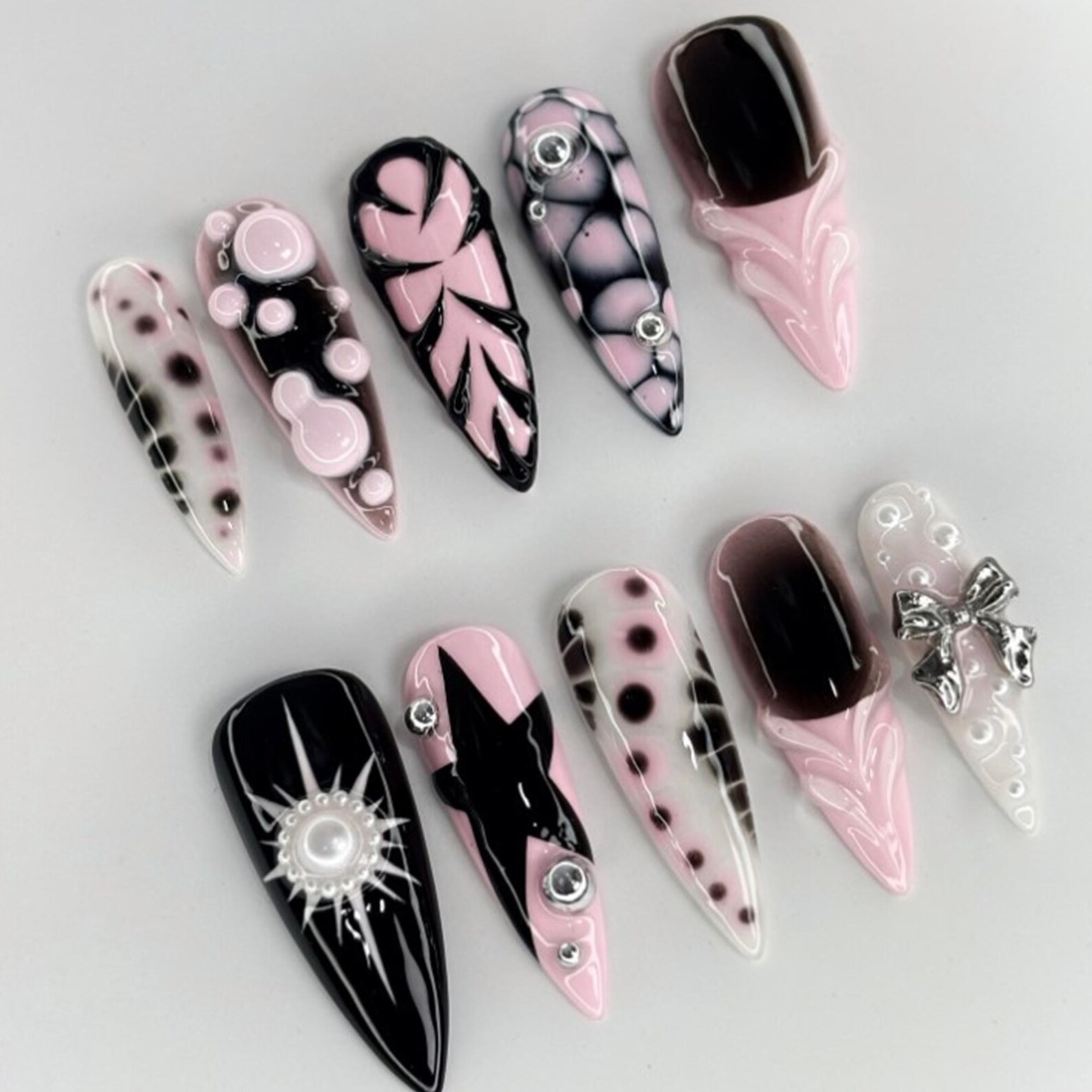 Handmade Punk Pink Black 3D Star Bow Bubble Long Stiletto Press on Nails