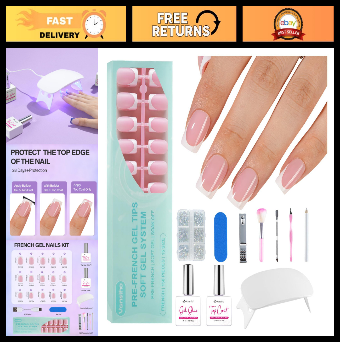 150pcs French Tip Press-On Nails Kit | Short Square Gel Fake Nails, 15 Sizes, DI